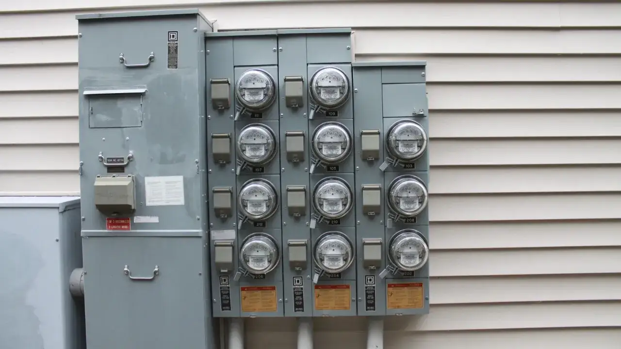 Panel z licznymi licznikami energii elektrycznej, każdy z nich pokazuje miesięczne zużycie prądu w kWh.