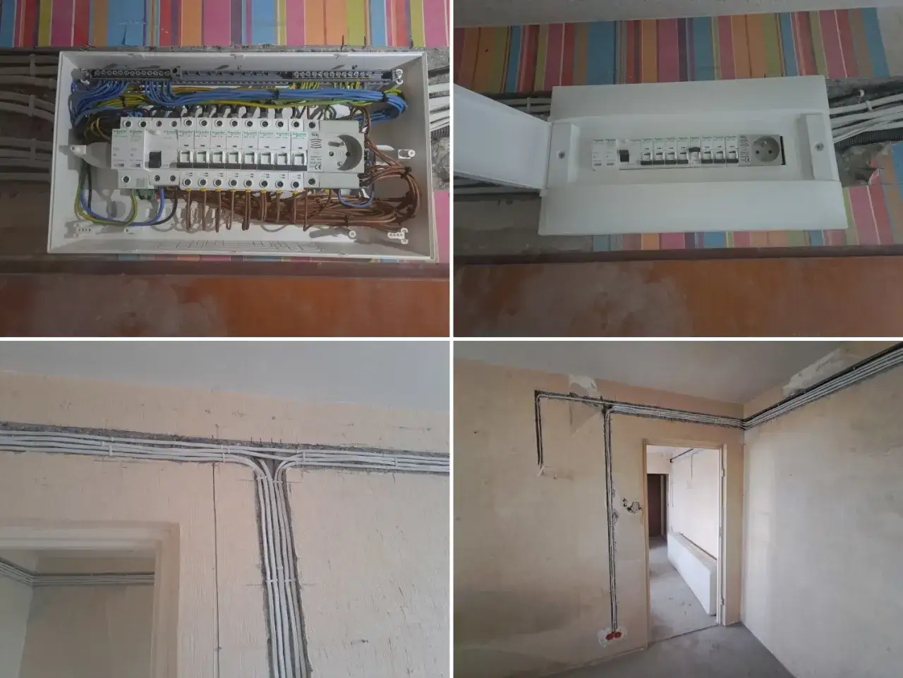 Nowa wymiana instalacji elektrycznej w toku. Widać rozdzielnicę z zabezpieczeniami i nowe przewody prowadzone po ścianach.