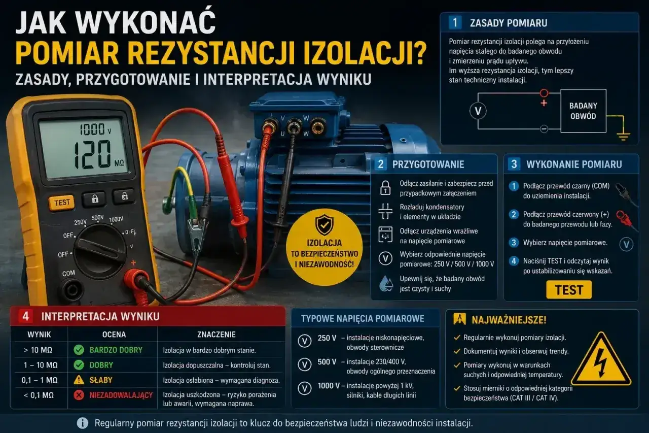 Multimetr pokazuje 120 MΩ podczas pomiaru rezystancji izolacji silnika. Instrukcja wyjaśnia zasady, przygotowanie i interpretację wyników.