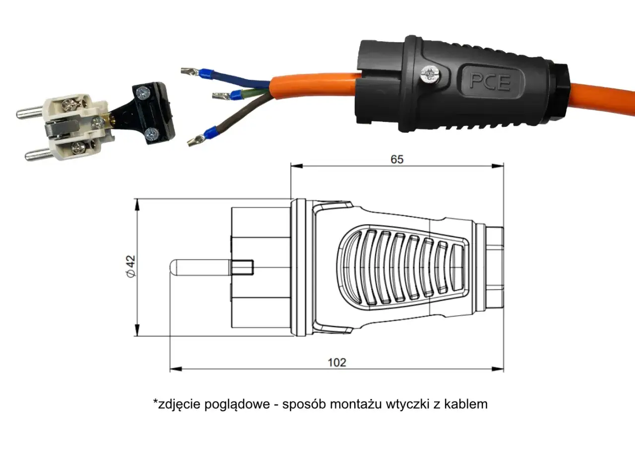 Jak podłączyć kabel 3 żyłowy do wtyczki? Schemat i zdjęcie pokazują montaż wtyczki z kablem, w tym zakończenia żył.