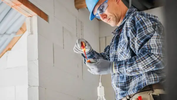Elektryk w kasku i okularach montuje oprawkę żarówki. Cena za punkt elektryczny zależy od złożoności instalacji.