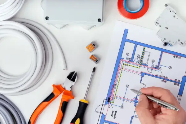 Rysunek techniczny instalacji elektrycznej, zgodny z normą PN-HD 60364-6, z materiałami i narzędziami.