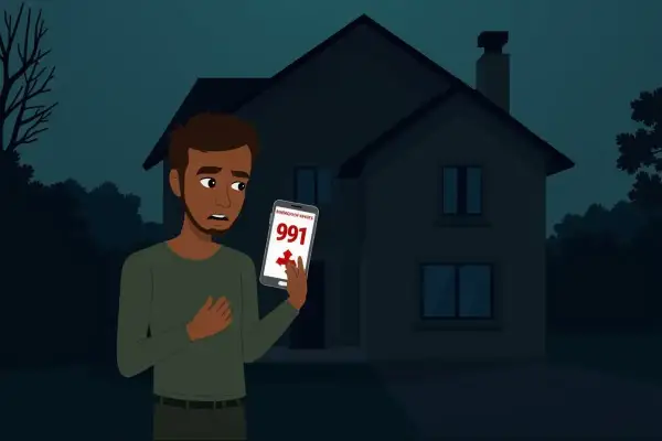 Zmartwiony mężczyzna sprawdza telefon, na którym widnieje komunikat o awarii prądu Tauron.