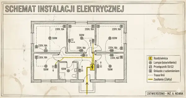 Schemat instalacji elektrycznej mieszkania z oznaczeniami gniazd, lamp i przełączników. Określenie instalacja elektryczna cena robocizny wymaga analizy tego projektu.
