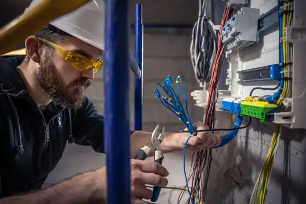 Elektryk z uprawnieniami budowlanymi elektrycznymi pracuje przy instalacji, przygotowując przewody do podłączenia w skrzynce rozdzielczej.