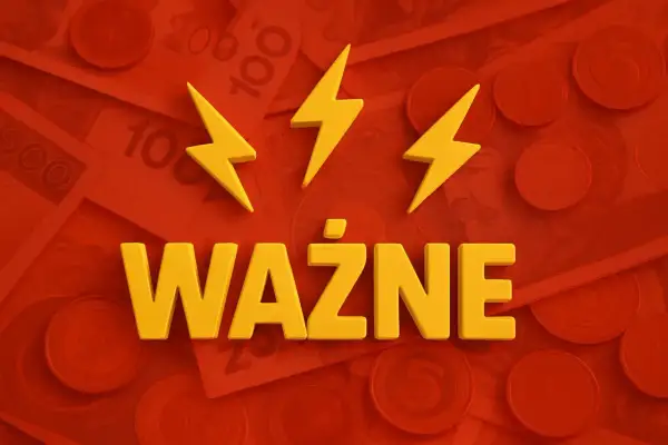 Ważne! Trzy żółte błyskawice nad napisem "WAŻNE" na tle polskich banknotów i monet. Temat: zamrożenie cen prądu.
