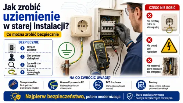 Elektryk sprawdza uziemienie w starej instalacji multimetrem. Poradnik "Jak zrobić uziemienie w starej instalacji" pokazuje bezpieczne kroki i czego unikać.