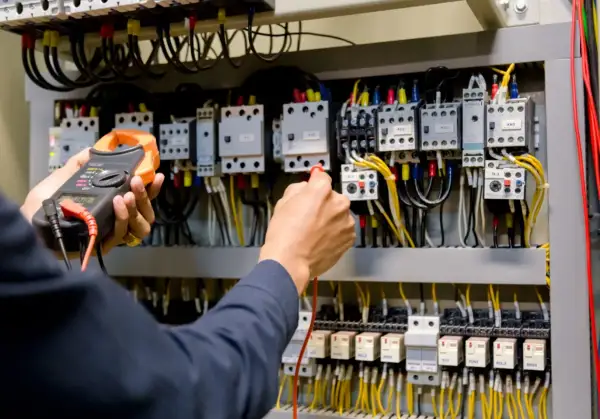 Ręce elektryka z multimetrem przy panelu sterowania. Przygotowanie do egzaminu SEP: pytania i odpowiedzi.