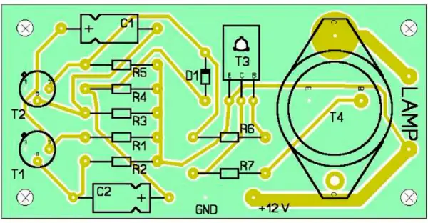 Schemat elektroniczny z elementami: T1, T2, T3, T4, R1-R7, C1, C2, D1, LAMP. Widoczne oznaczenia GND i +12 V.
